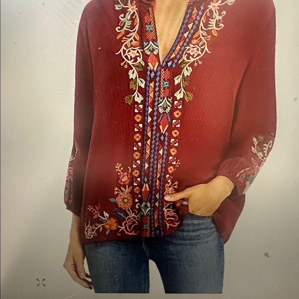 Johnny Was Embroidered Burgundy Silk Blouse